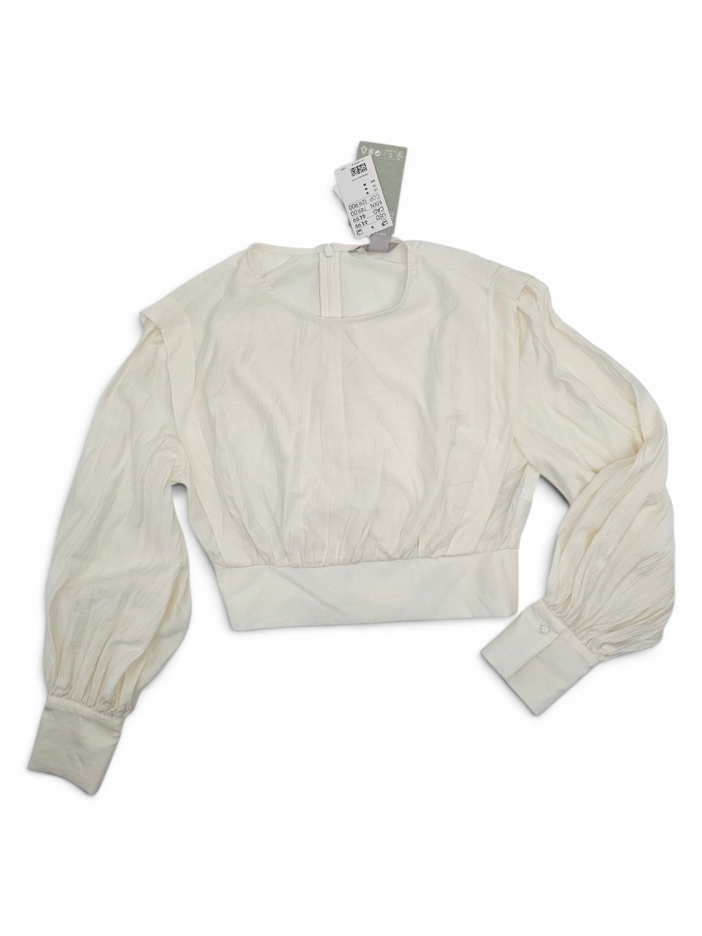H&M NWT Cream Puff Sleeve Cropped Blouse Women's M Smocked Back Textured